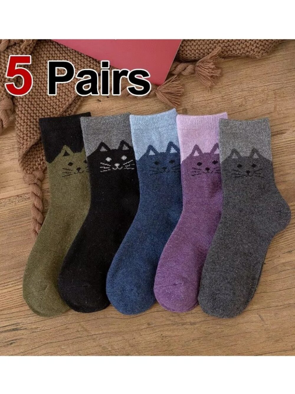 5-Pack Women's Cute Warm Wool Cat Face Mid Crew Cut Ankle Socks Mixed Set